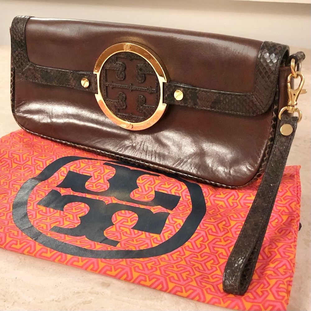 TORY BURCH | Snakeskin Trim Brown Leather Clutch Wristlet w/ Dust Bag